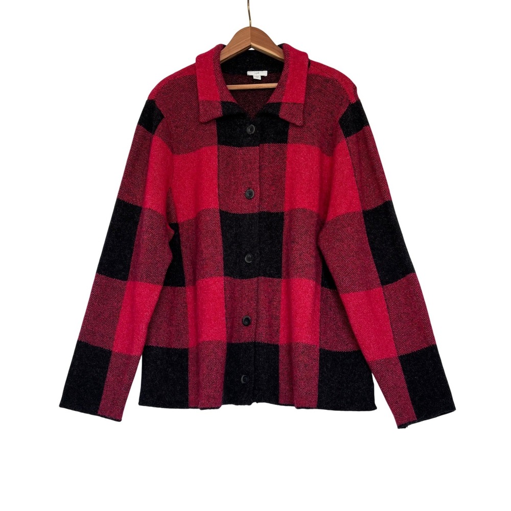 J. Jill Red Black Buffalo Plaid Wool Blend Button Front Cardigan Sweater XL